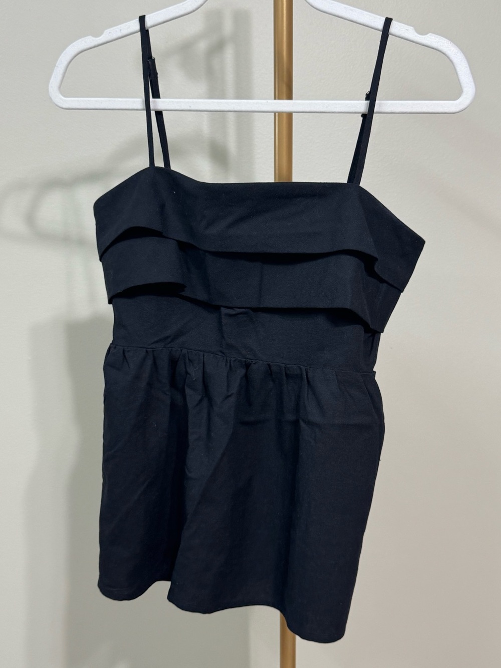 Crescent Black peplum top, linen viscose cotton blend, medium